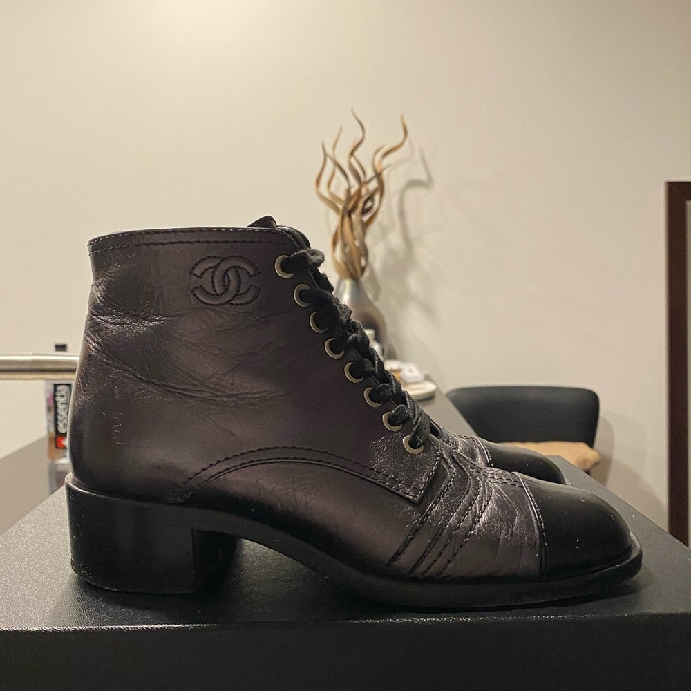 CHANEL Black Leather Lace-Up Ankle Boots
